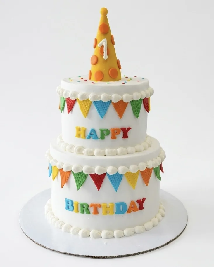 Two-tier first birthday cake with colourful bunting and a party hat topper, a custom cake by Cakes By Vjollca in Pristina, Kosovo