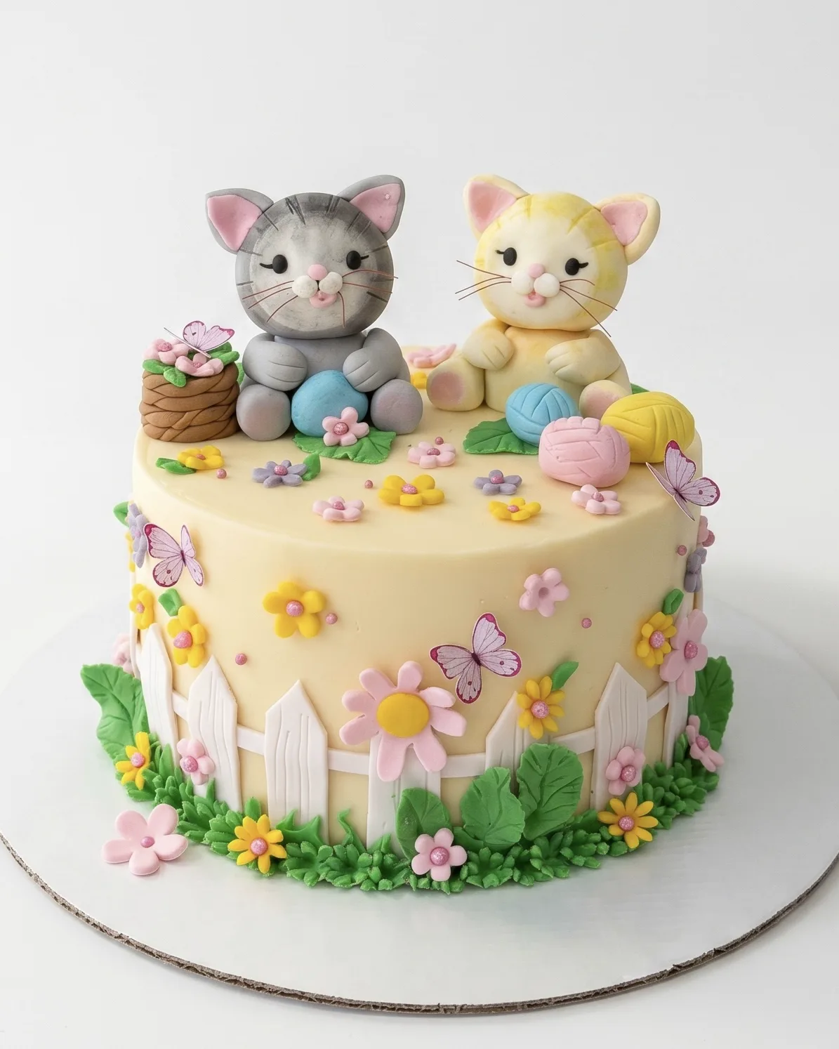 Garden birthday cake with two kitten figurines, a picket fence and sugar flowers, a custom cake by Cakes By Vjollca in Pristina, Kosovo