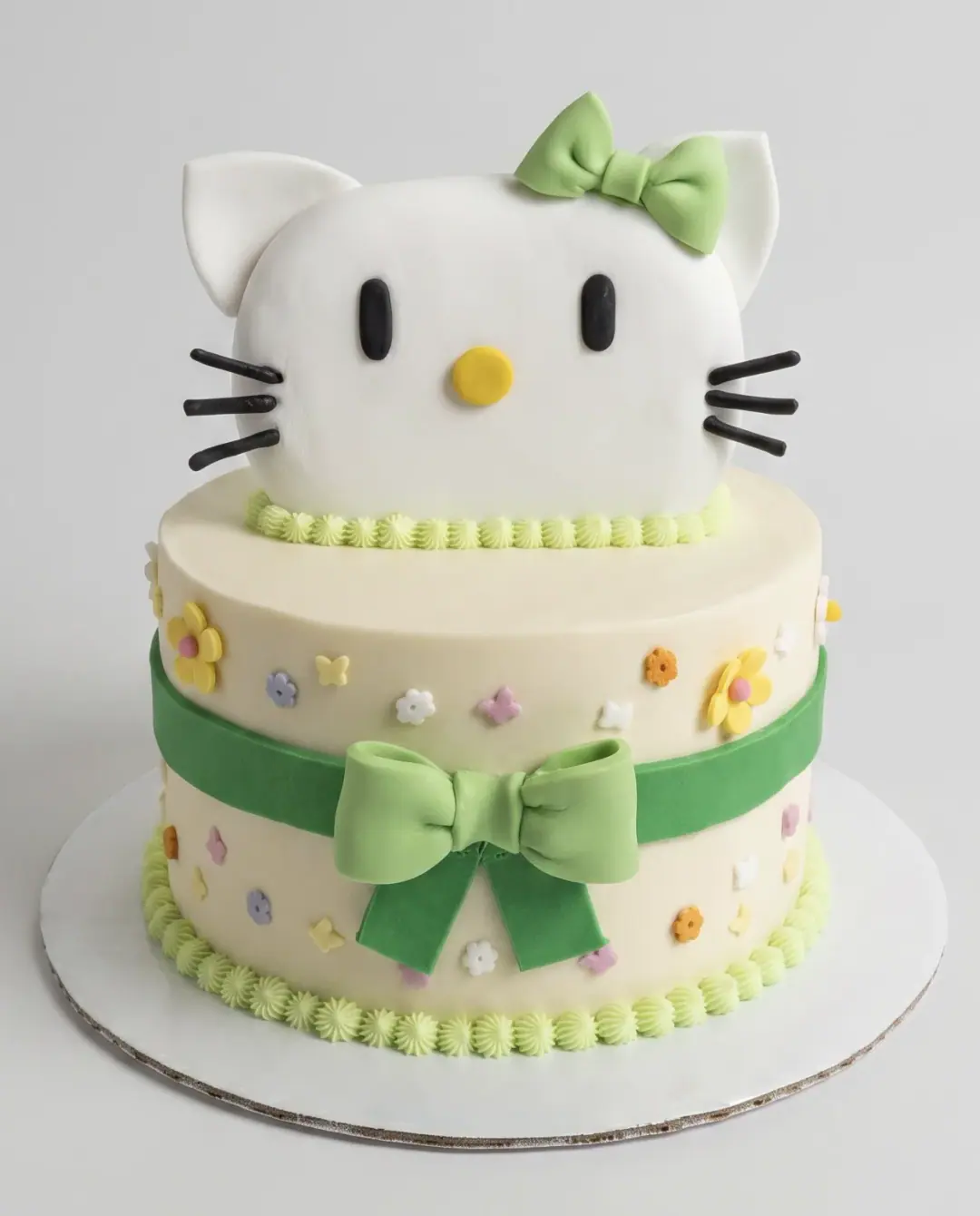 Torte Hello Kitty me dy kate me fjongo jeshile dhe lule sheqeri, torte me porosi nga Cakes By Vjollca në Prishtinë