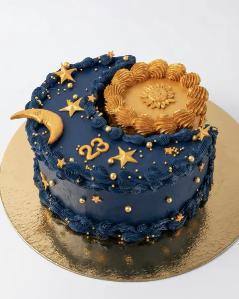Navy and gold celestial birthday cake with a moon, stars and a baroque sun, a custom cake by Cakes By Vjollca in Pristina, Kosovo
