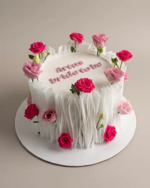 White bride-to-be cake with pleated wafer paper and fresh pink roses, a custom cake by Cakes By Vjollca in Pristina, Kosovo